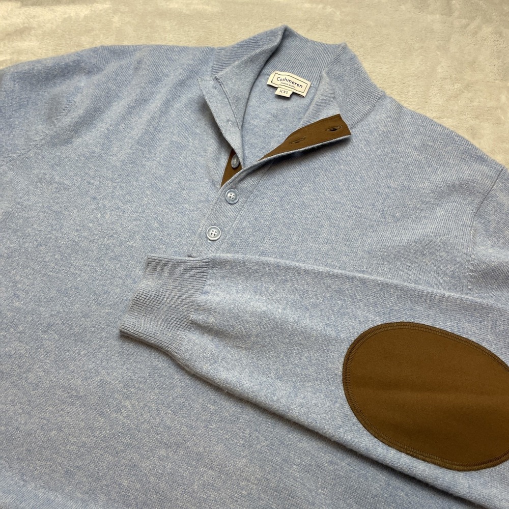 Cashmeren Mens Cashmere Henley Sweater Size XXL Blue Faux Suede Elbow Patches